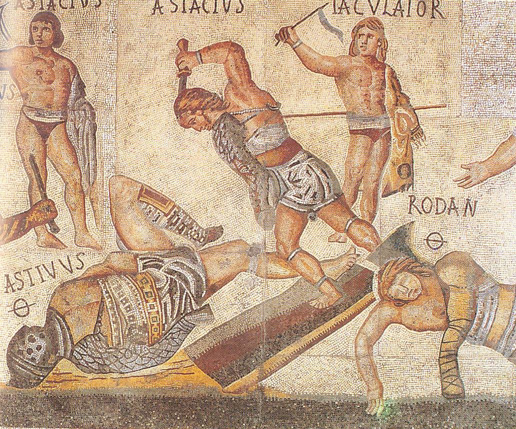 Detaliu dintr-un mozaic unde sunt pomeniţi 33 de gladiatori, datând din secolul IV d.Hr. şi descoperit la Villa Borghese lângă Roma. Semnul Ø de lângă nume arată că gladiatorul respectiv a fost ucis după o luptă pierdută