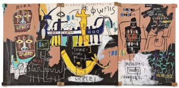 Pe locul patru: Jean-Michel Basquiat, „El Gran Espectaculo (Nilul)”, 1983, pastel acrilic și ulei pe pânză pe lemn, 172,7 pe 358 centimetri: preț de ciocan 58 milioane de dolari (estimare în jur de 45 milioane) pe 15 mai la Christie's din New York