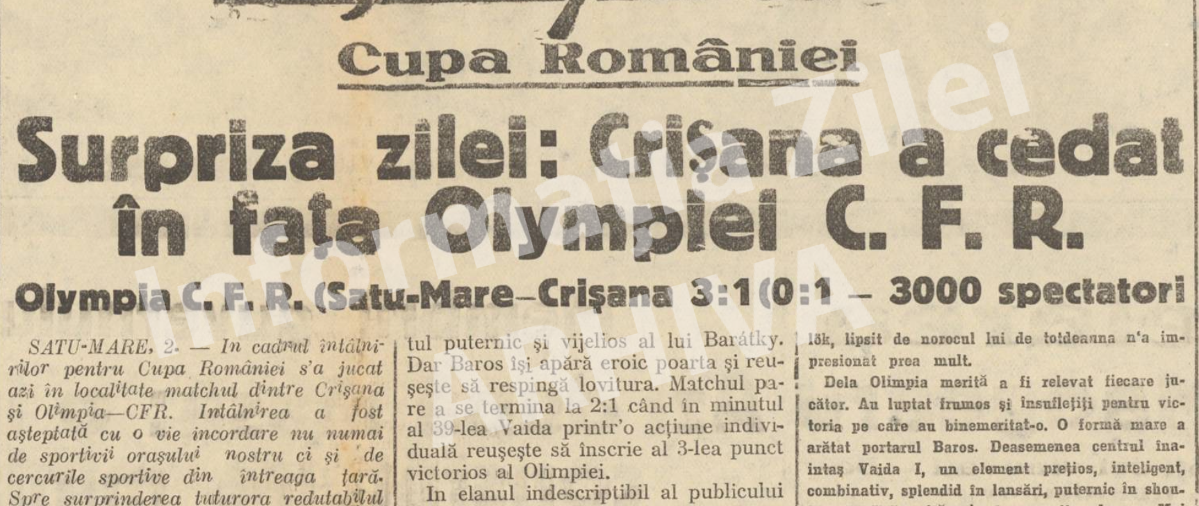 Acum 90 de ani în Cupa României: Olympia CFR Satu Mare învingea Crișana într-un meci de legendă