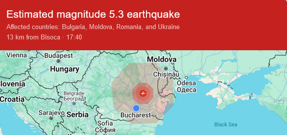 „BREAKING: Cutremur de 5,2 grade resimțit în București și alte orașe din țară – Seismul a avut loc în zona Vrancea-Buzău